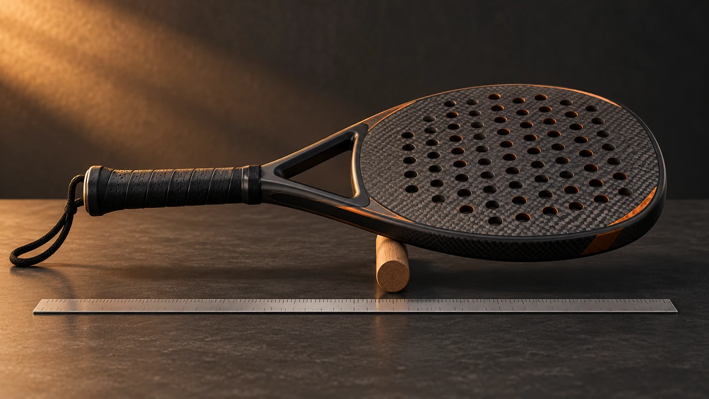 Ilustración de una pala de pádel negra sin marca equilibrada sobre un apoyo de madera, con una regla paralela al mango y la cabeza.